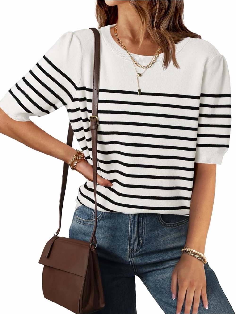Zesica White & Black Striped Short Sleeve Sweater Top